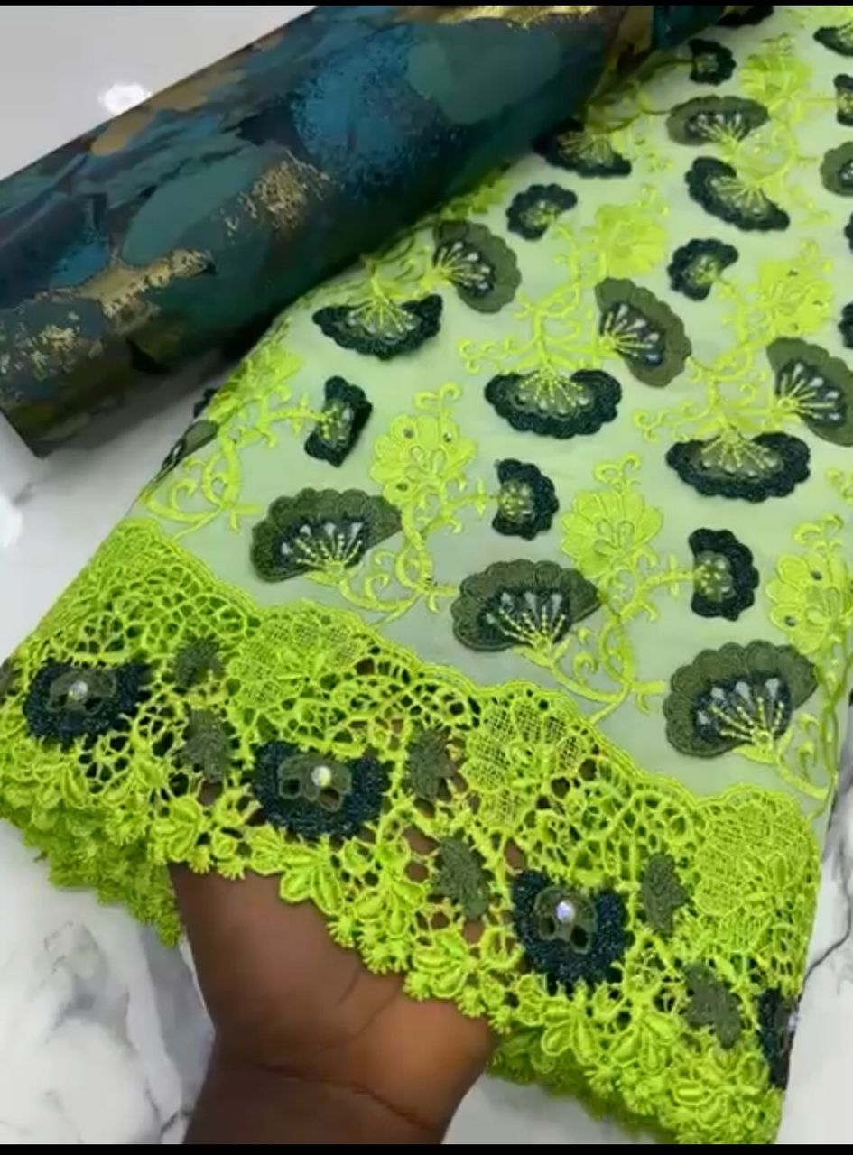 Lemon Green Lace with matching Damask