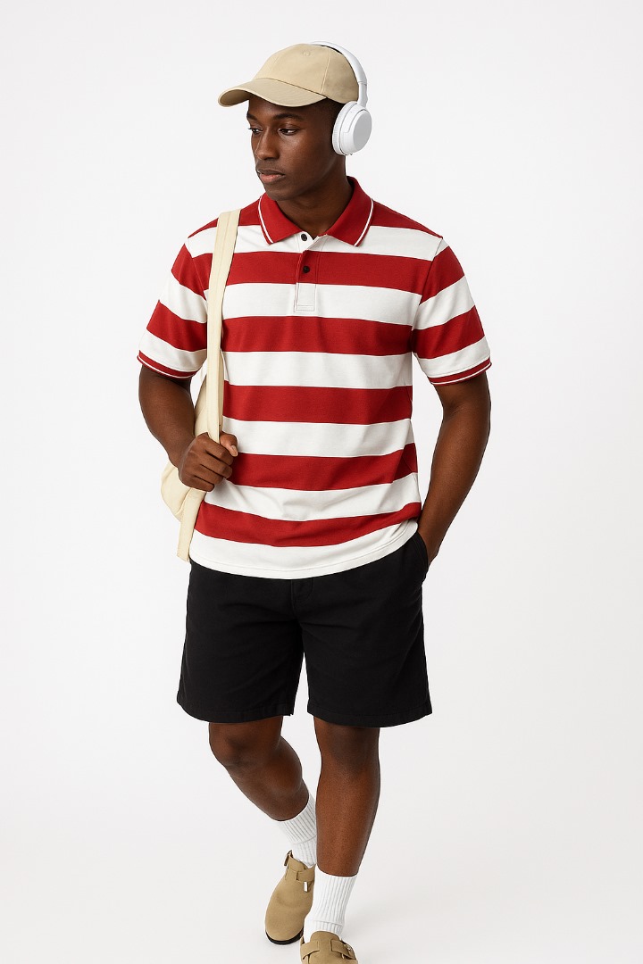 Red and White Stripped Collar Neck T-shirt