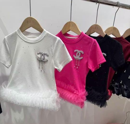 Girl's Pretty Roundneck Cotton Top with Chanel Brooche