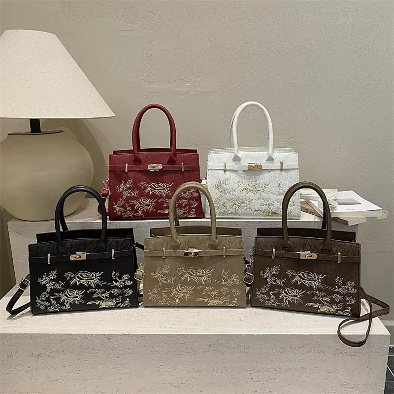 Flower Embroidery Leather Handbag