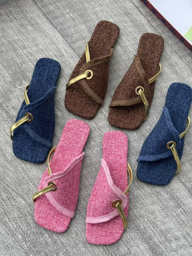 Women's Denim & Leather Strap Flat Sandals