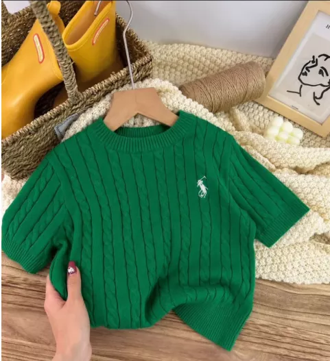 Green Knit Short Sleeve Kids Sweater with Polo Embroidery