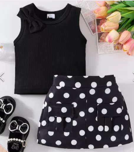 Toddler Girl Black Sleeveless Top With White Dotted Skirt 2pcs