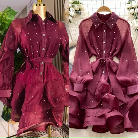Burgundy Pearl Adorned Ruffle Shirt Dress