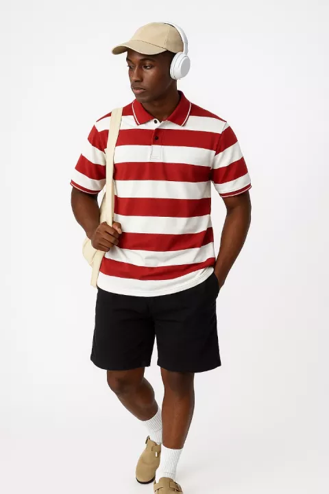Red and White Stripped Collar Neck T-shirt