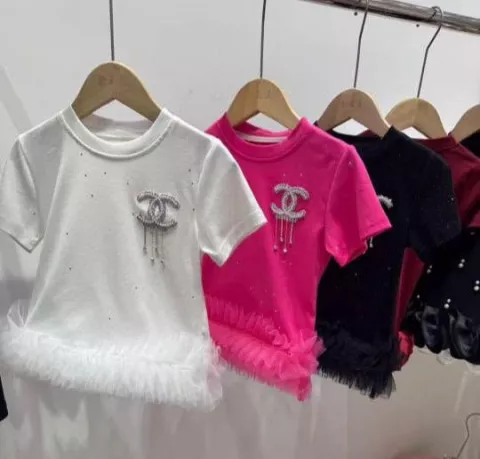 Girl's Pretty Roundneck Cotton Top with Chanel Brooche