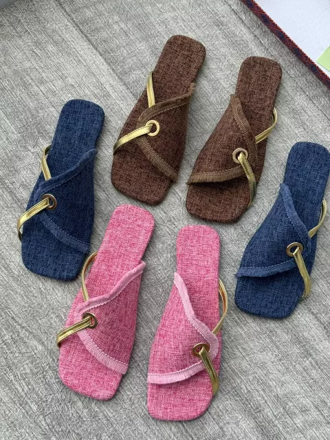 Women's Denim & Leather Strap Flat Sandals
