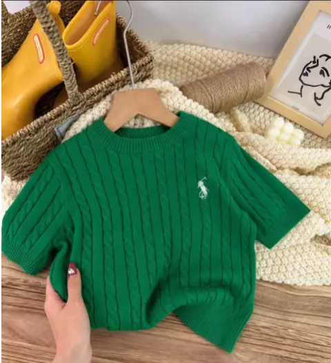Green Knit Short Sleeve Kids Sweater with Polo Embroidery