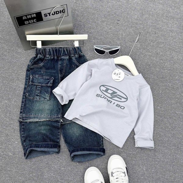 Kids' Baggy Jeans and White Long-Sleeve Shirt Set