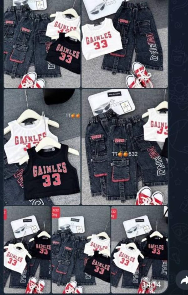 Black Combat Denim & Tank Top For Kids