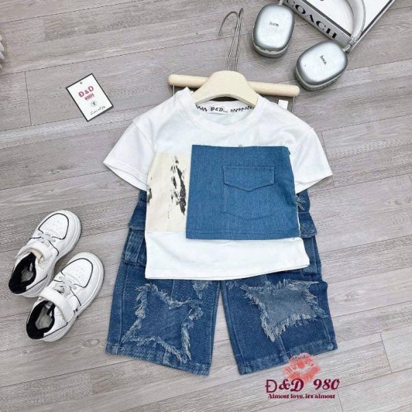 Blue Baggy Denim & A White Tee For Kids