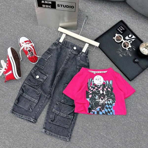 Black Baggy Denim & A Pink Top For Kids