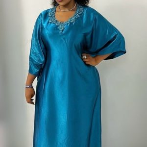 Teal Bedazzled Embroidered Silk Dress