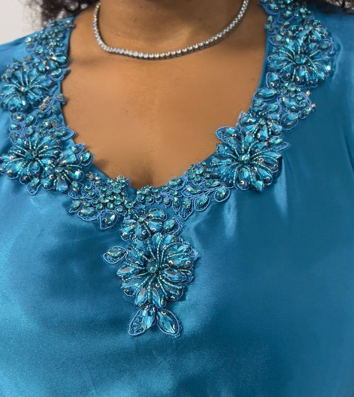 Teal Bedazzled Embroidered Silk Dress - Image 3