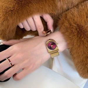 Gold Steel Cuff Watch For Women