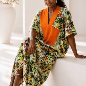 Colorful Marble Ankara and Aso Oke Long Bubu Dress
