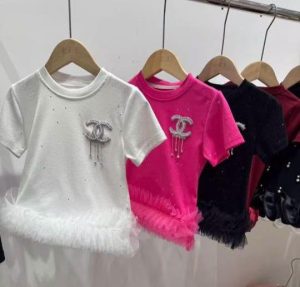 Girl's Pretty Roundneck Cotton Top with Chanel Brooche