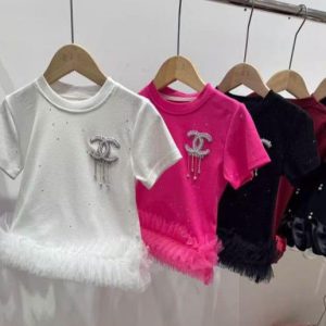 Girl's Pretty Roundneck Cotton Top with Chanel Brooche