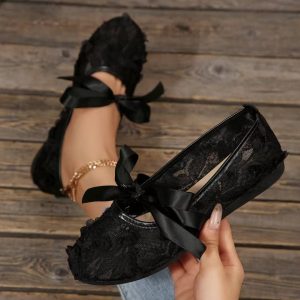 Women's Lace Ballerina Flats with Floral Detail