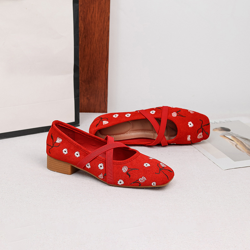 Women's Suede Ballerina Flats with Flower Embroidery & Elastic Straps - Image 6