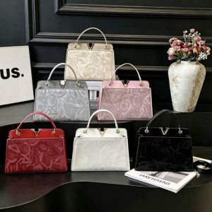 Women's Damask Pattern Leather Handbag with V Detail