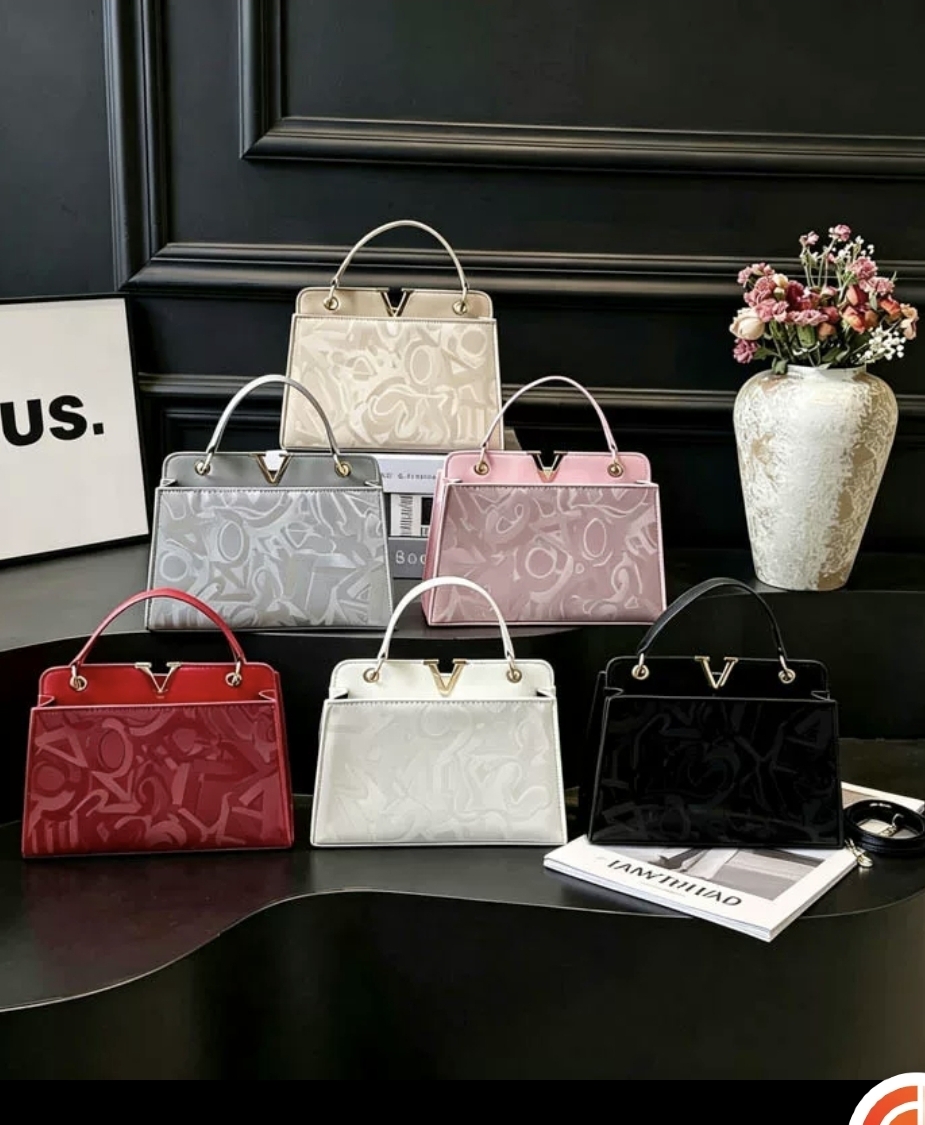 Women's Damask Pattern Leather Handbag with V Detail