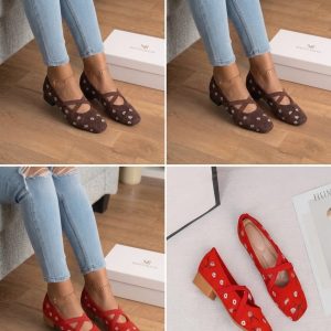 Women's Suede Ballerina Flats with Flower Embroidery & Elastic Straps