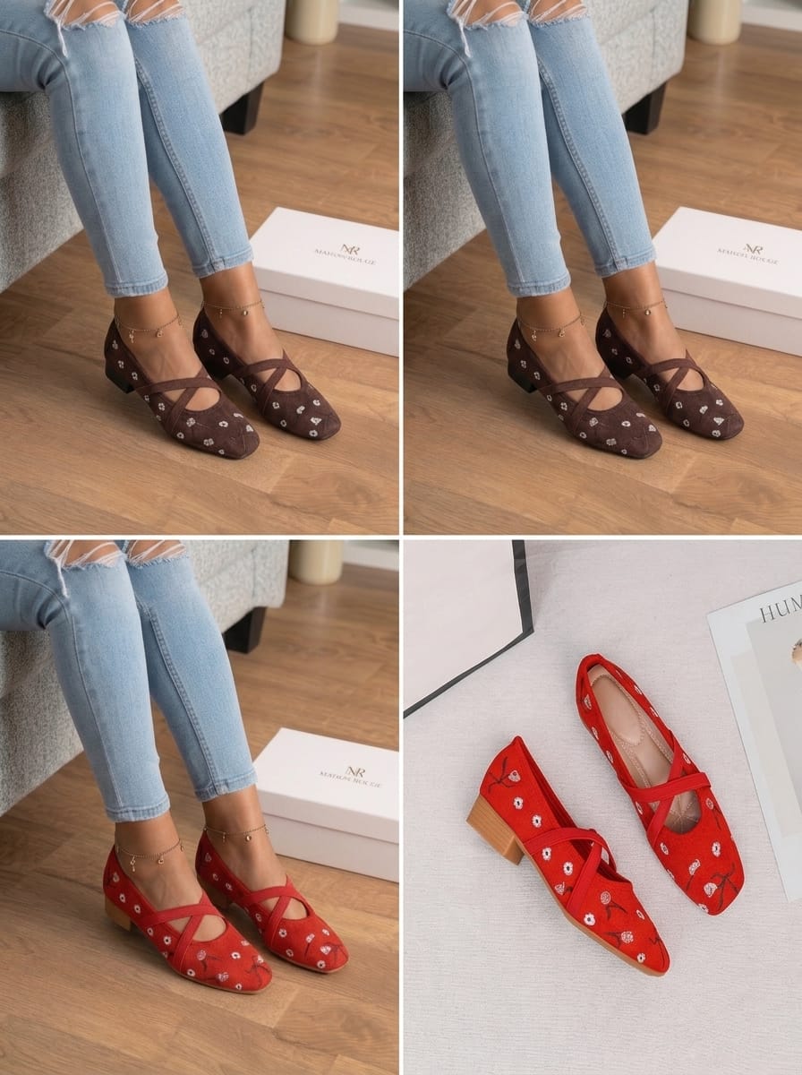 Women’s Suede Ballerina Flats with Flower Embroidery & Elastic Straps