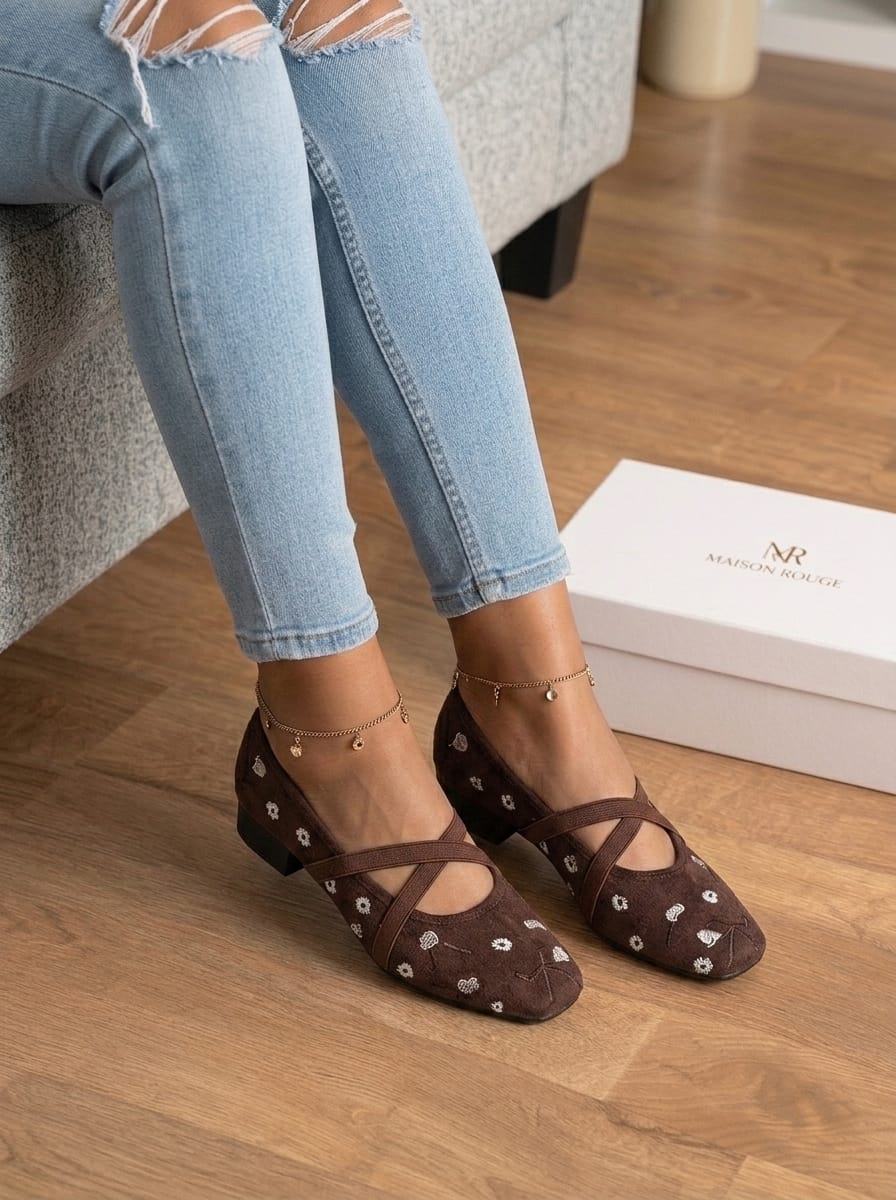 Women's Suede Ballerina Flats with Flower Embroidery & Elastic Straps - Image 2