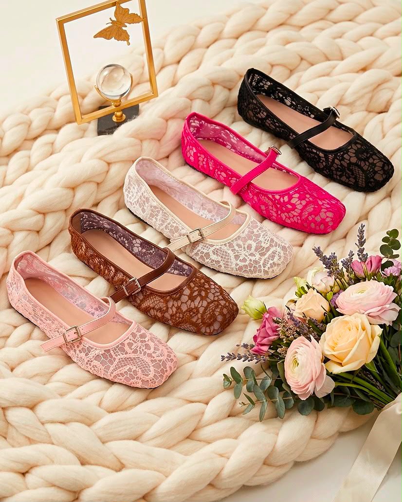 LACE MESH MARY JANE BALLERINA FLATS