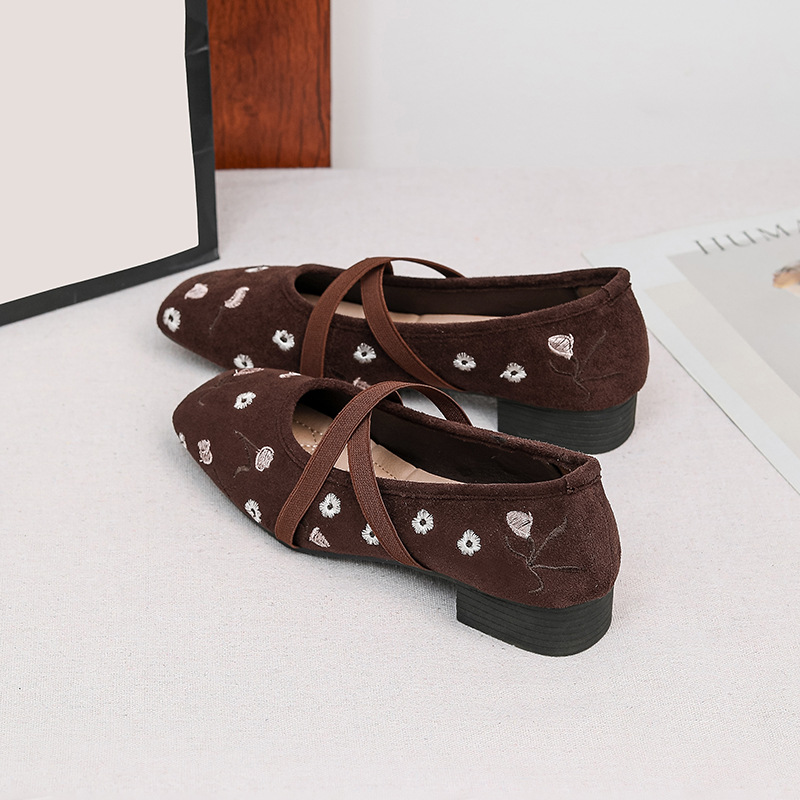 Women's Suede Ballerina Flats with Flower Embroidery & Elastic Straps - Image 5