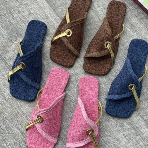 Women's Denim & Leather Strap Flat Sandals