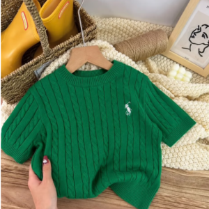 Green Knit Short Sleeve Kids Sweater with Polo Embroidery