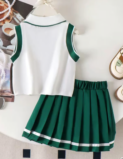 Independence Girls Green Pleated Skirt Outfit Set with White Sleeveless Top - Image 3
