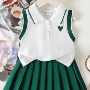 Independence Girls Green Pleated Skirt Outfit Set with White Sleeveless Top