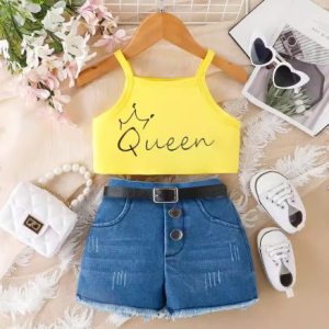 Toddler Girl Sleeveless Top My Queen With Denim Short, Bum Short