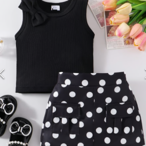 Toddler Girl Black Sleeveless Top With White Dotted Skirt 2pcs