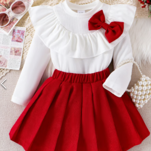 Toddlers And Kids Girls Red Bow Top and Pleated Skirt 2pcs