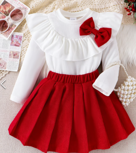 Toddlers And Kids Girls Red Bow Top and Pleated Skirt 2pcs